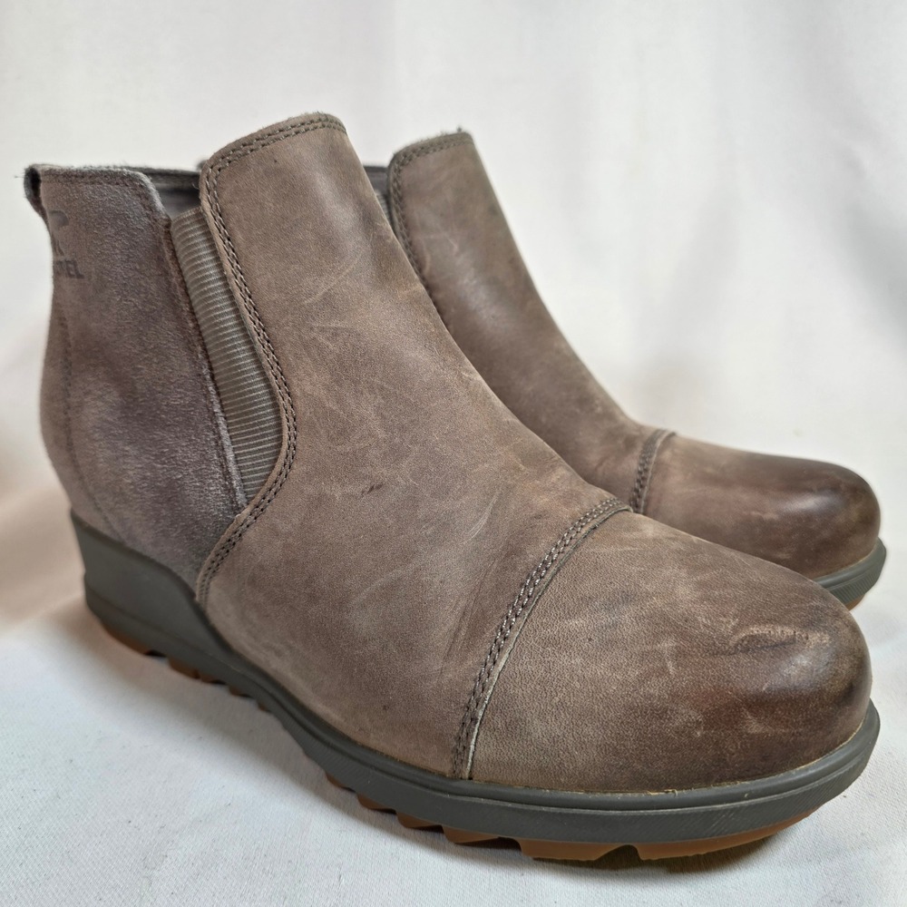 Sorel Evie Chelsea Wedge Boots Womens 7 Quarry Grey Waterproof Leather Suede